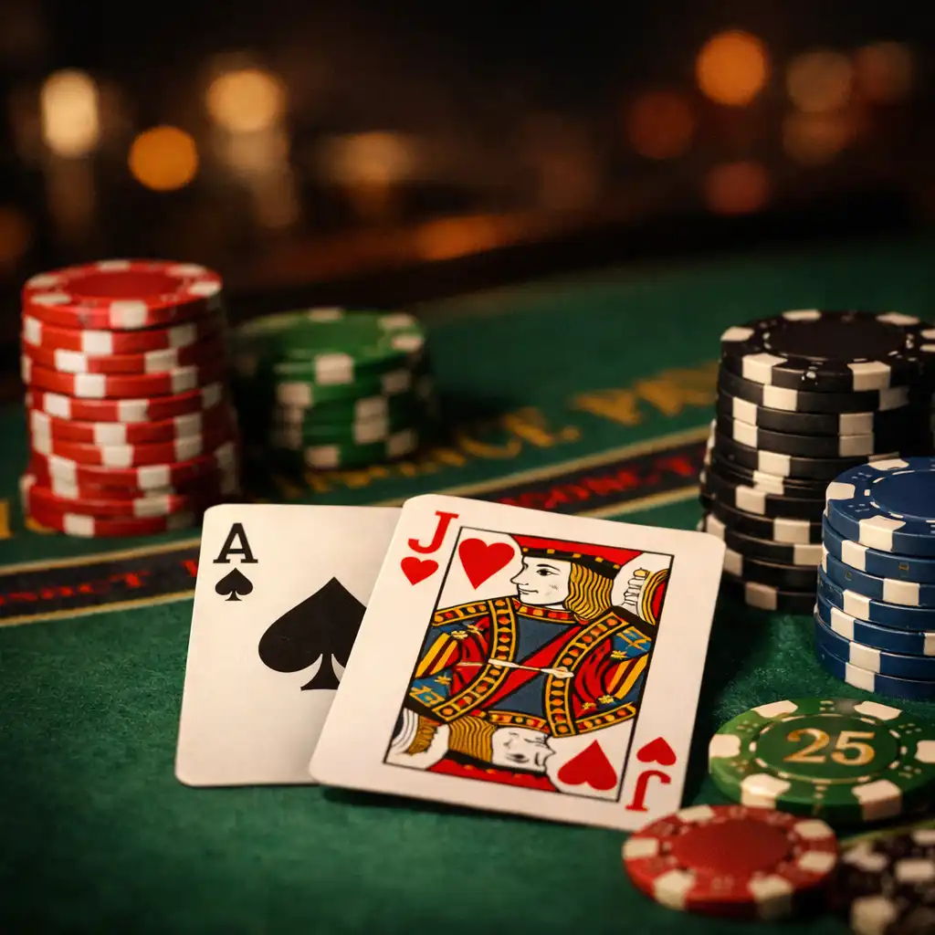 Table de blackjack avec cartes et jetons dans un cadre feutré