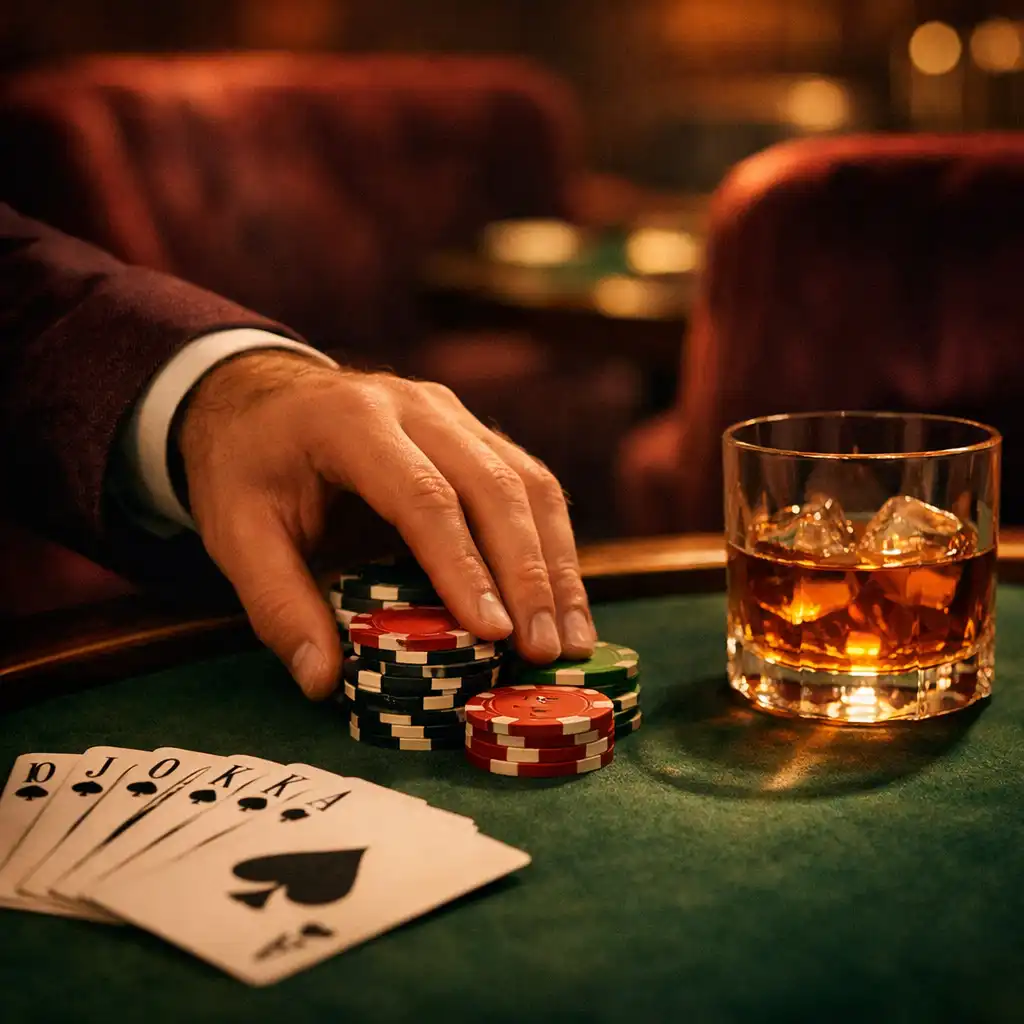 Détail du card lounge avec jetons, cartes et verre de whisky sur une table de poker