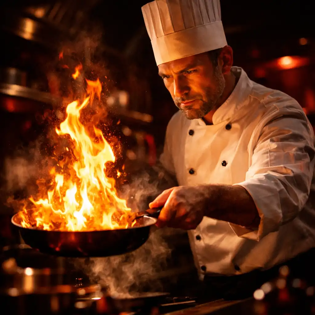 Chef Julien Moreau en action dans la cuisine, saisissant une poêle avec des flammes