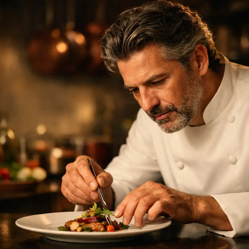 Chef Julien Moreau dressant un plat raffiné dans la cuisine de Maiso Naux Saveurs