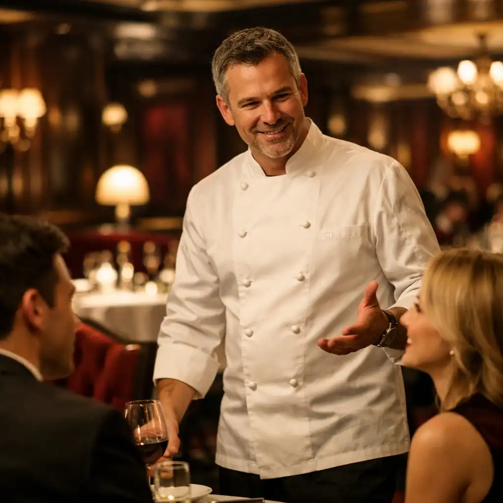 Chef Julien Moreau en salle, discutant avec des clients dans l'ambiance élégante du restaurant