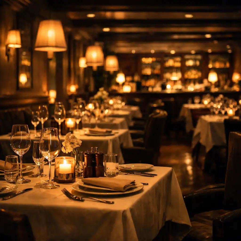 Vue de la salle du restaurant avec tables dressées, éclairage chaleureux