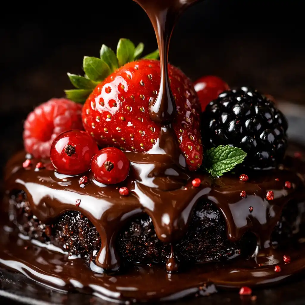 Détail d'un dessert élégant avec des fruits rouges et une sauce au chocolat