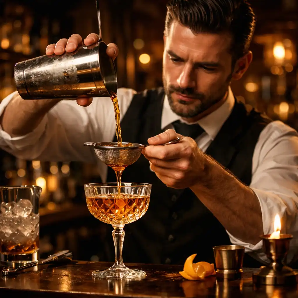 Barman préparant un cocktail dans un verre en cristal, éclairage tamisé