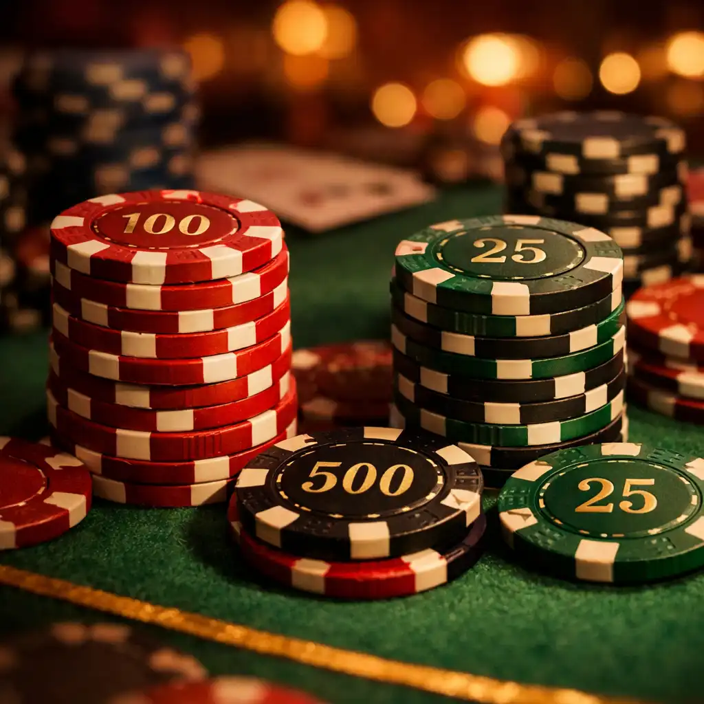 Vue rapprochée de jetons de casino sur une table de jeu, tons bordeaux et émeraude