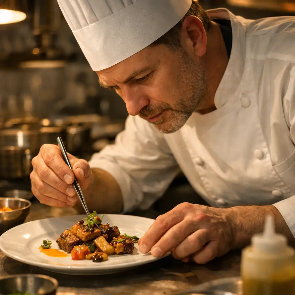 Chef en cuisine dressant une assiette avec précision
