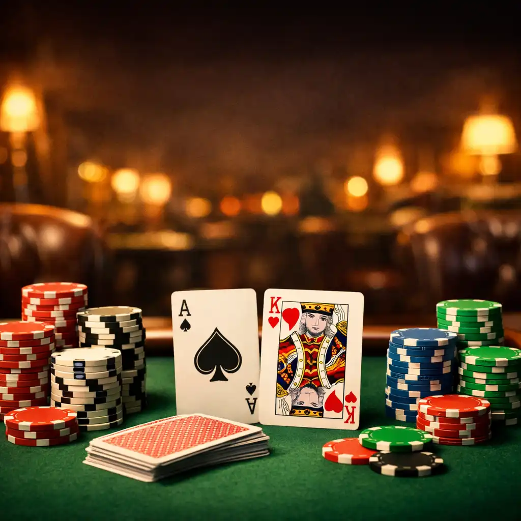 Table de poker avec jetons et cartes dans un salon feutré