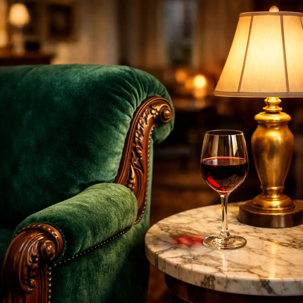 Fauteuil en velours émeraude avec table en marbre et lampe diffusant une lumière chaude