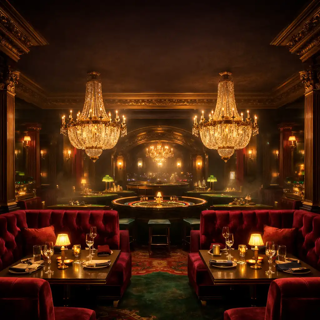 Intérieur luxueux du restaurant-casino Maiso Naux Saveurs avec banquettes en velours bordeaux et lustres en cristal