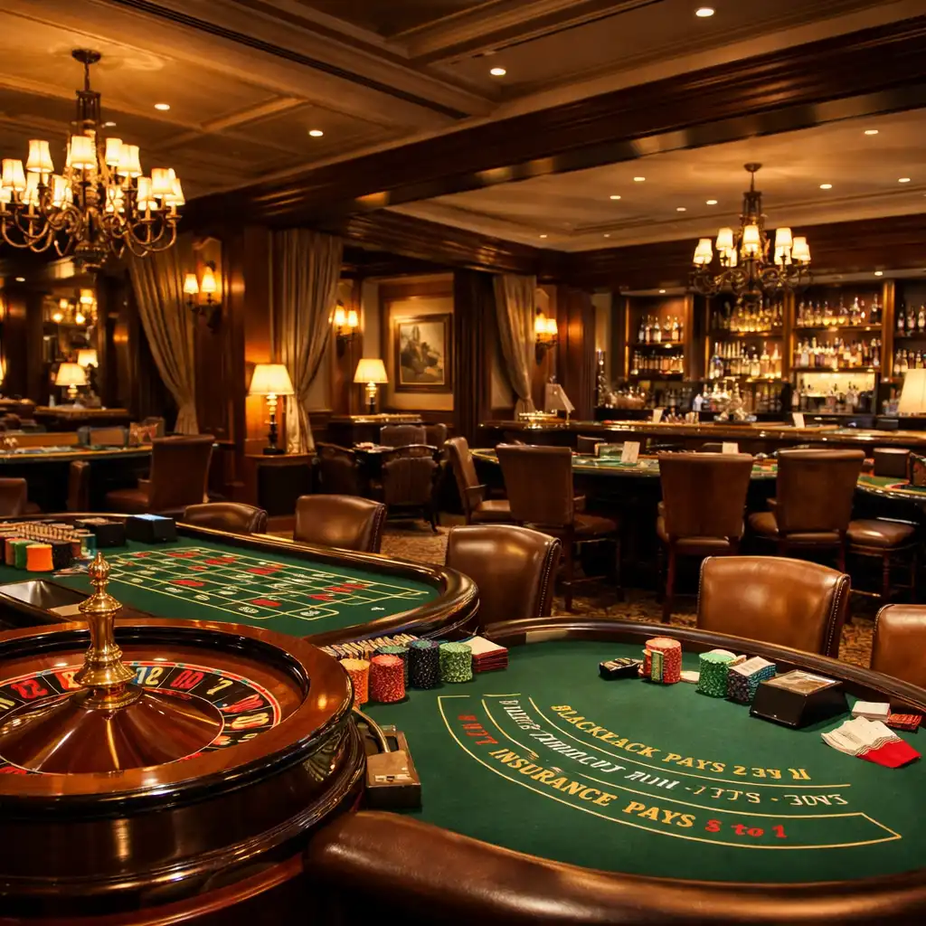 Espace jeux avec tables de roulette et de blackjack