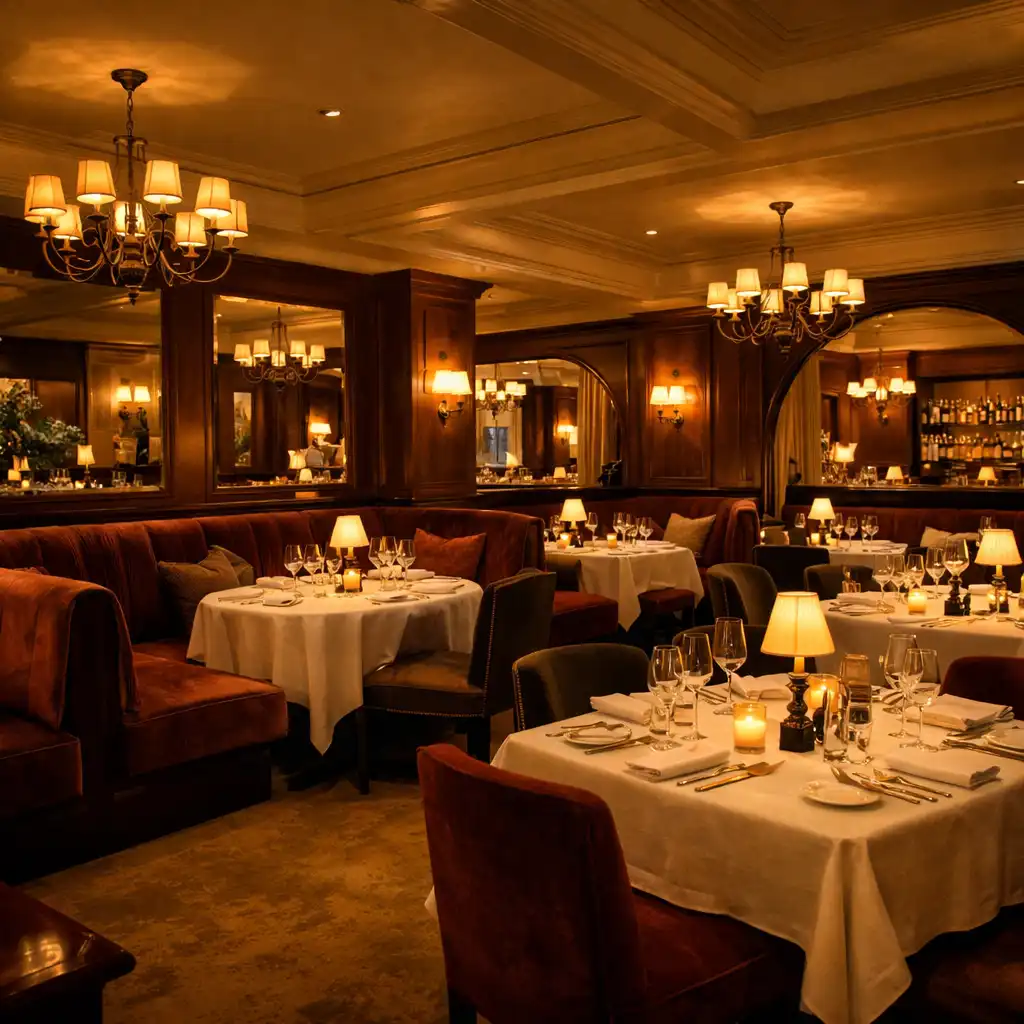 Salle de restaurant avec banquettes en velours et tables nappées