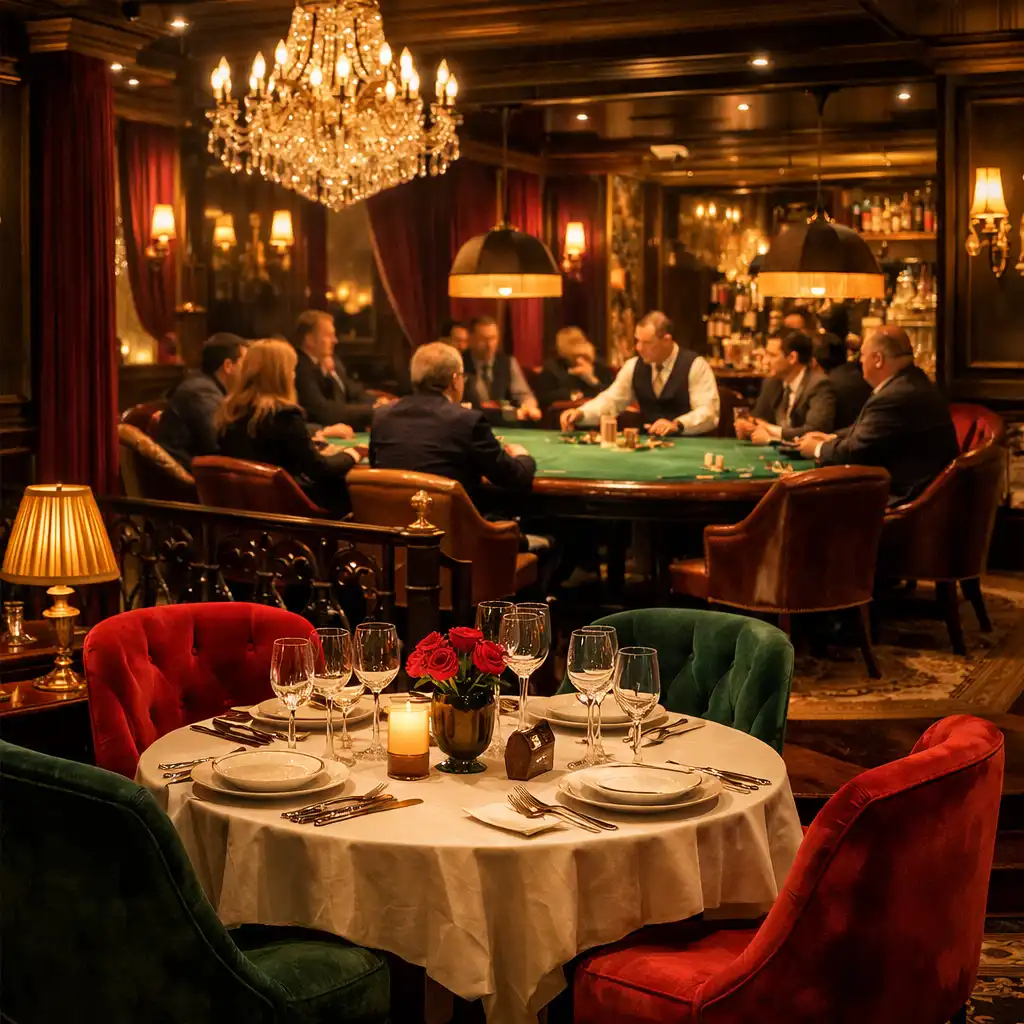Vue de l'intérieur du restaurant avec une table de poker en arrière-plan