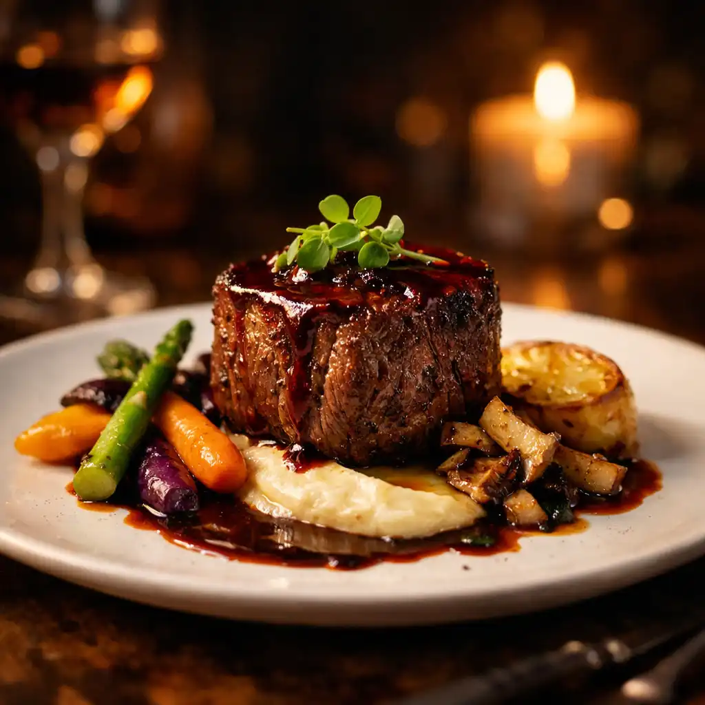 Plat principal signature avec filet de bœuf et légumes de saison