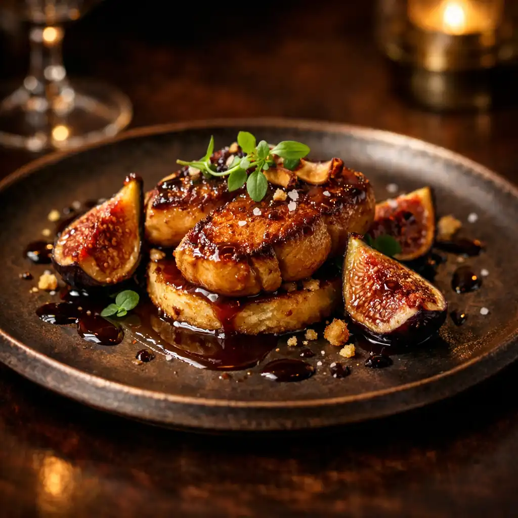 Foie gras poêlé aux figues rôties, assiette raffinée