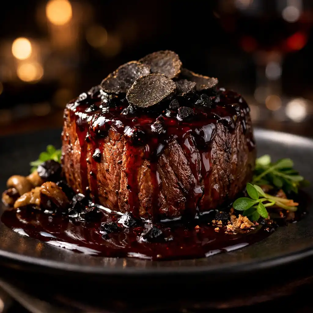 Filet de bœuf, sauce au vin rouge et truffe, présentation élégante