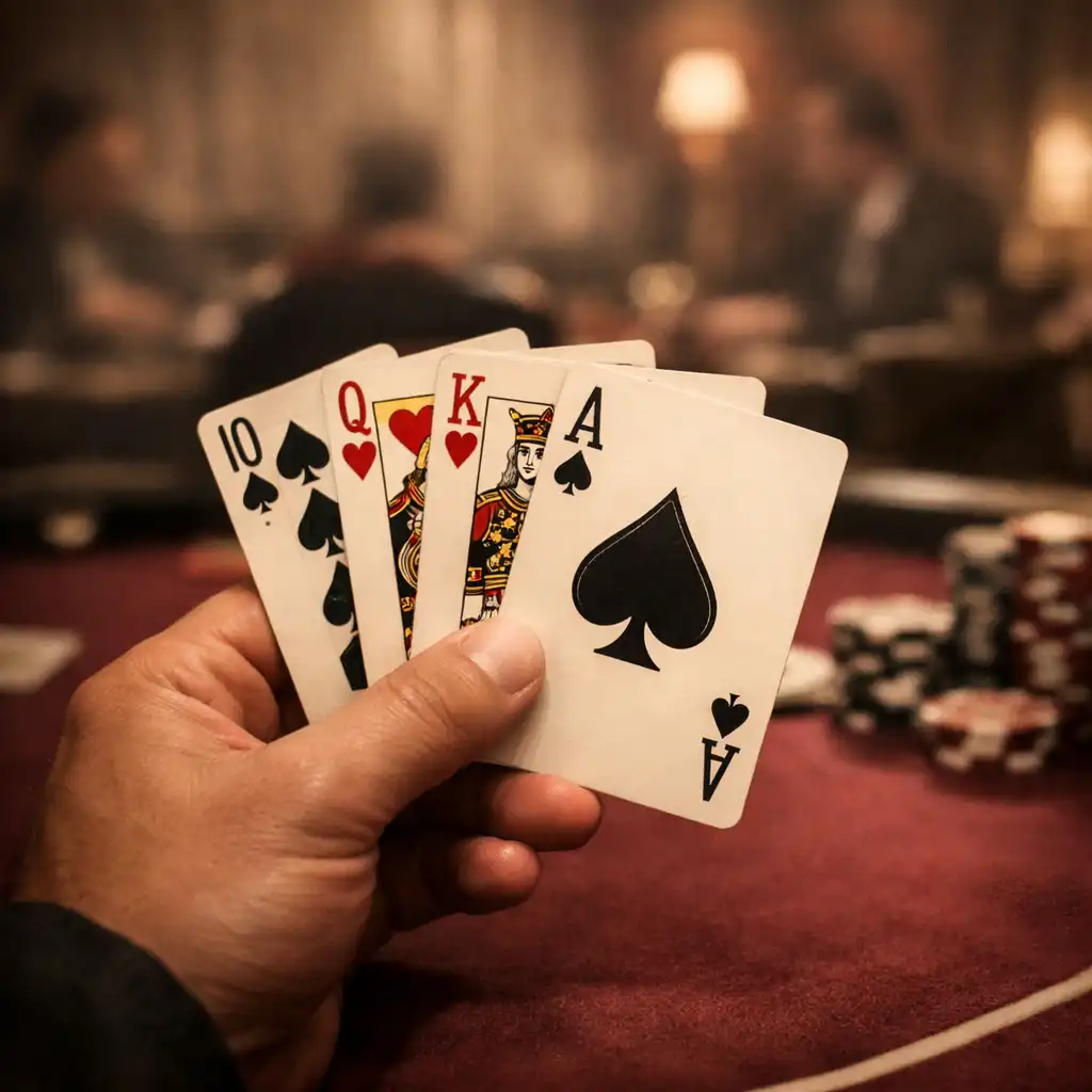 Main d'un joueur tenant des cartes à jouer dans le salon de poker