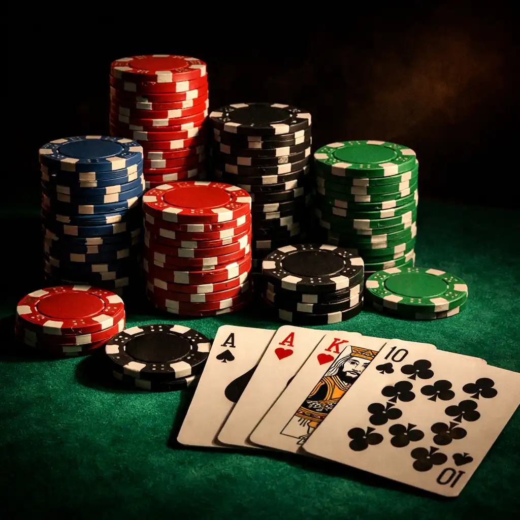 Jetons de poker empilés et cartes à jouer sur un tapis de table vert émeraude