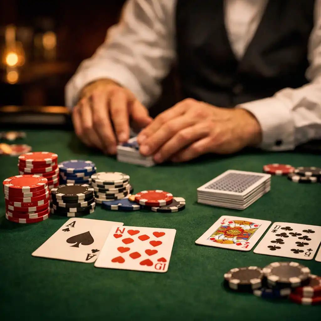 Table de poker avec jetons et cartes dans le salon dédié