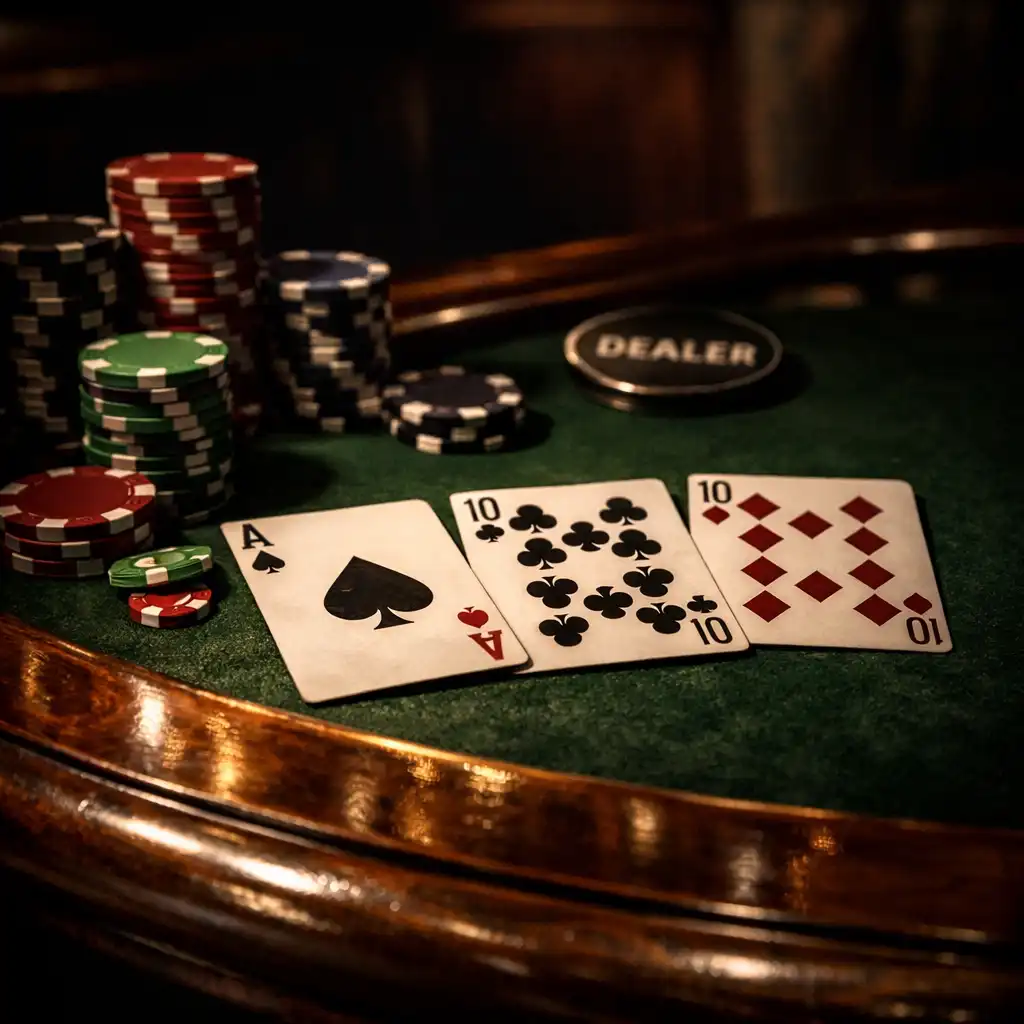 Détail d'une table de poker avec cartes, jetons et bord en bois ciré