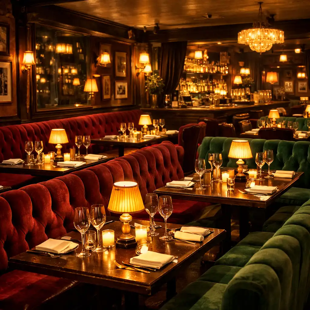Intérieur du restaurant avec banquettes en velours bordeaux et émeraude, éclairage tamisé