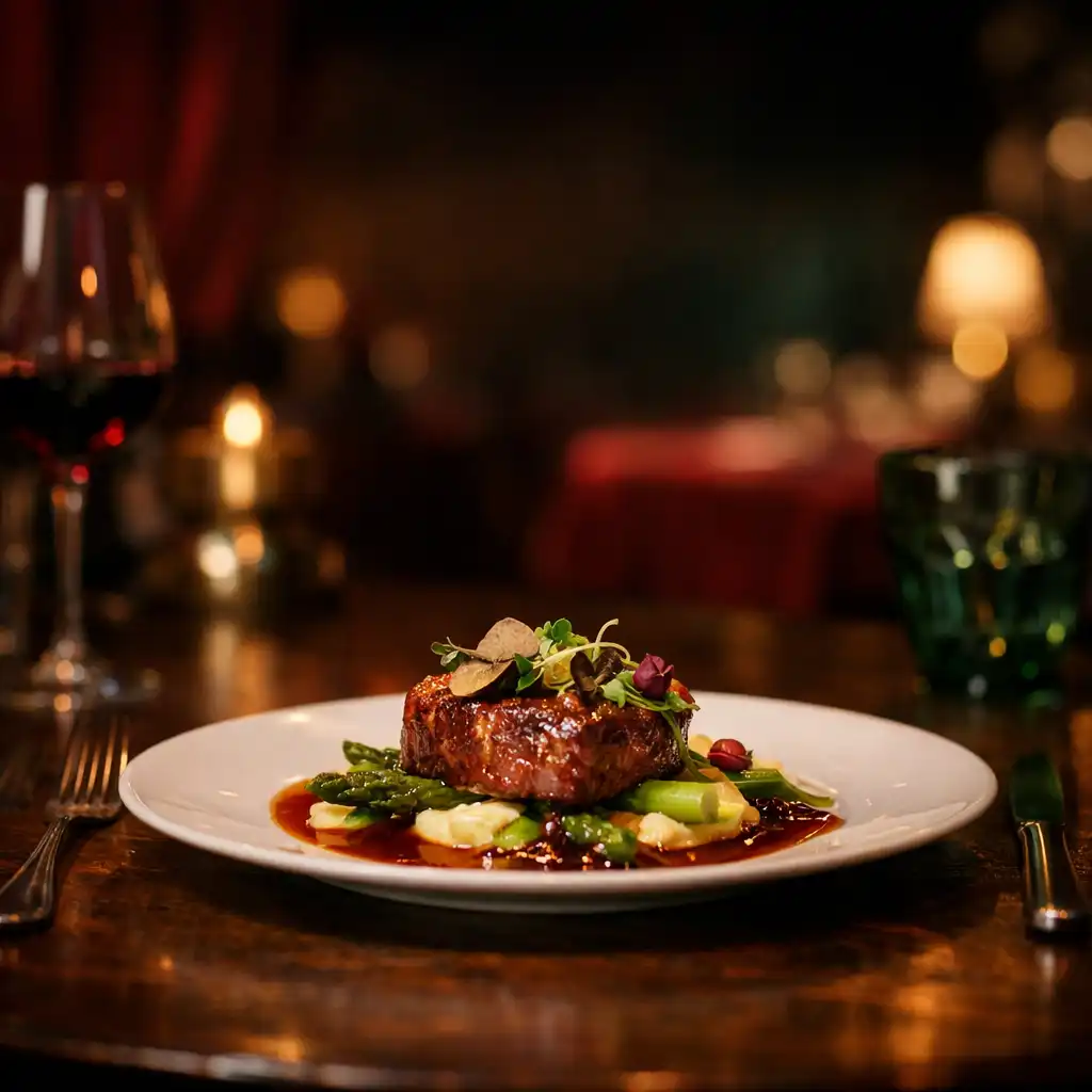 Plat gastronomique élégant sur une table en bois sombre, éclairage chaleureux et tamisé