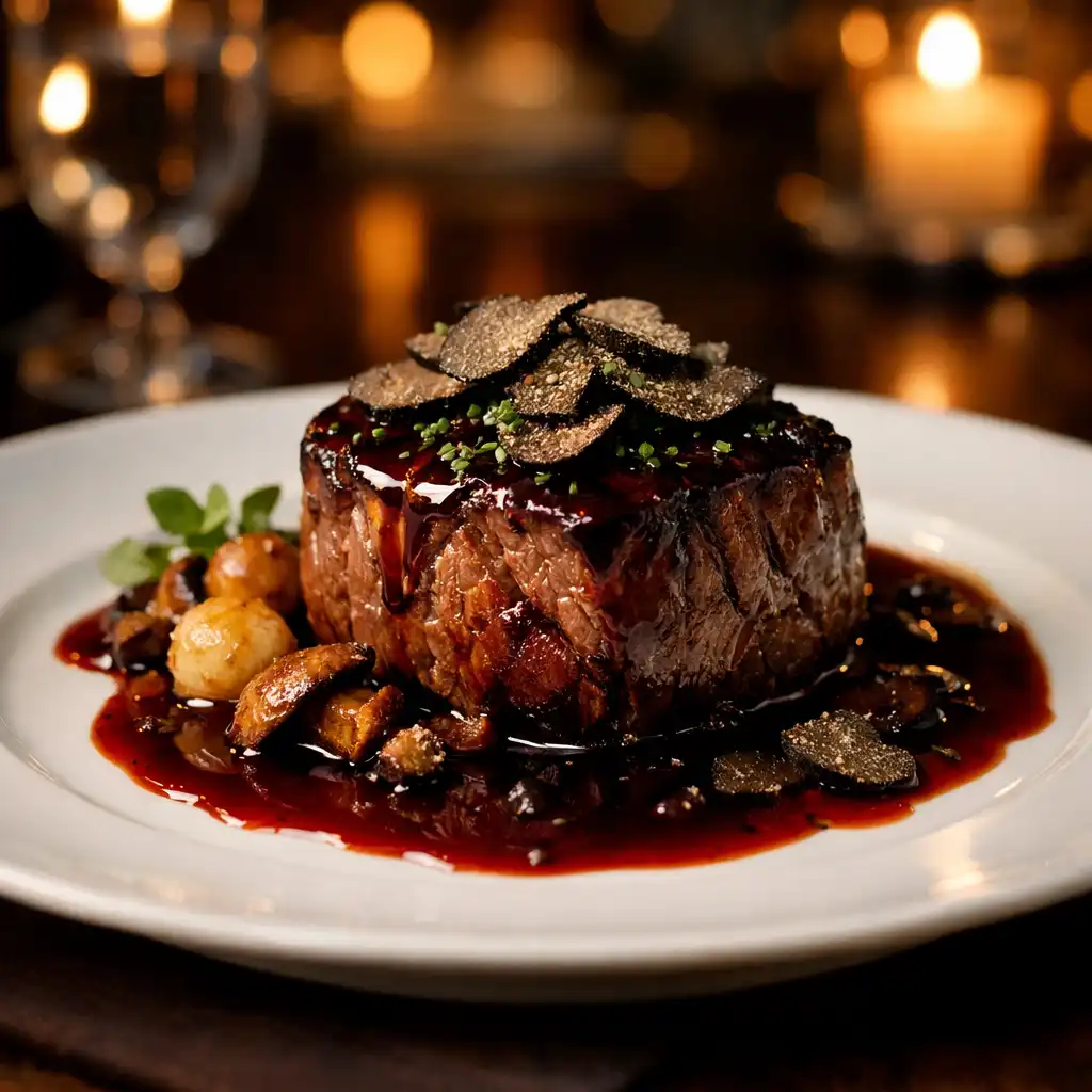 Filet de bœuf avec sauce au vin rouge et truffe, présenté sur une assiette en porcelaine blanche