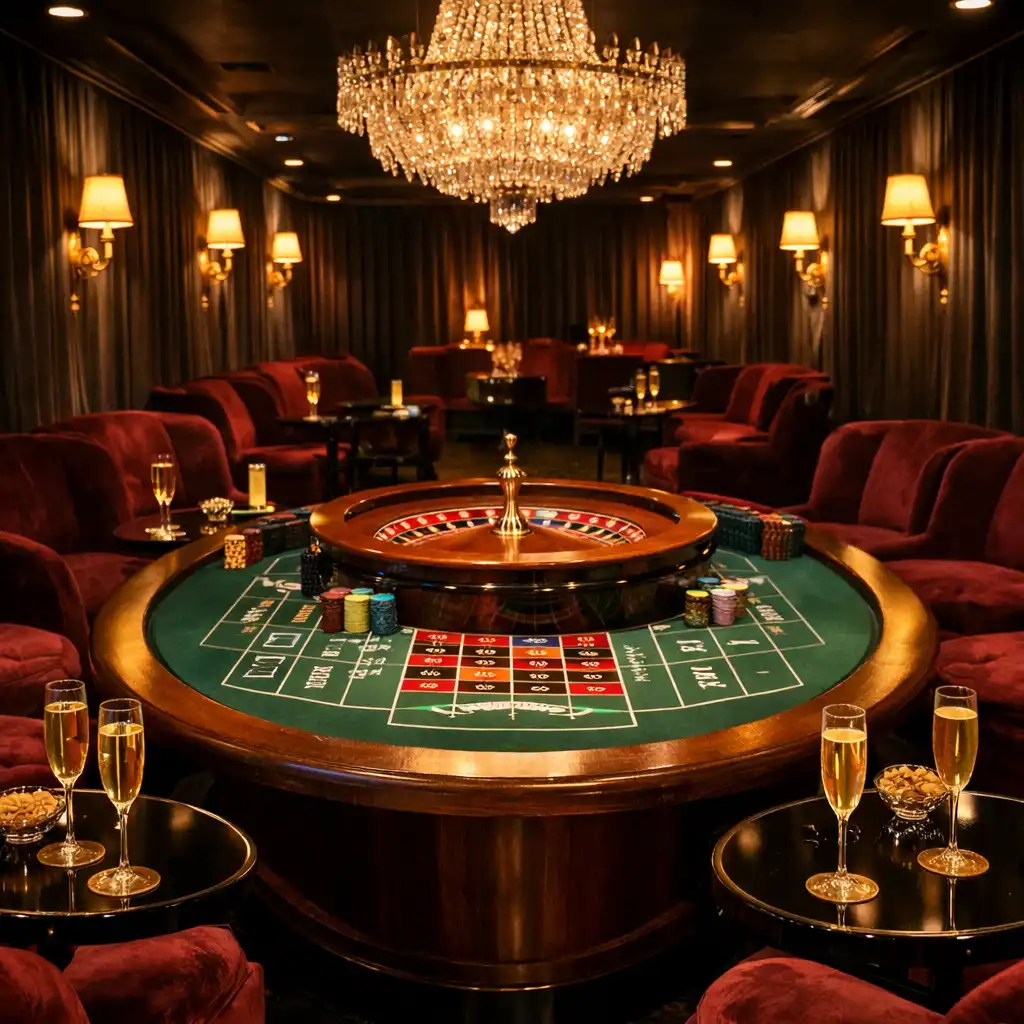Vue du salon de roulette avec table centrale, fauteuils en velours bordeaux et lustre en cristal