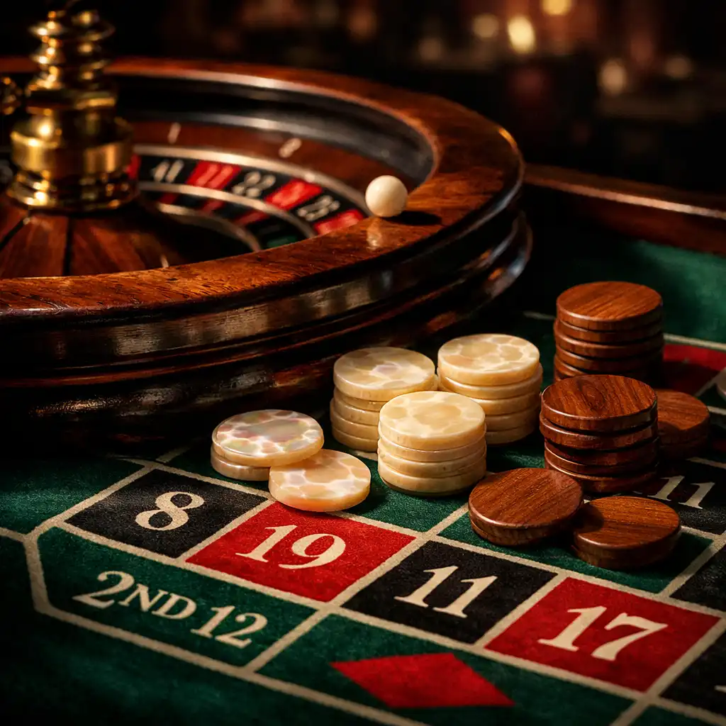 Détail du plateau de roulette avec jetons physiques et bille sur le cylindre