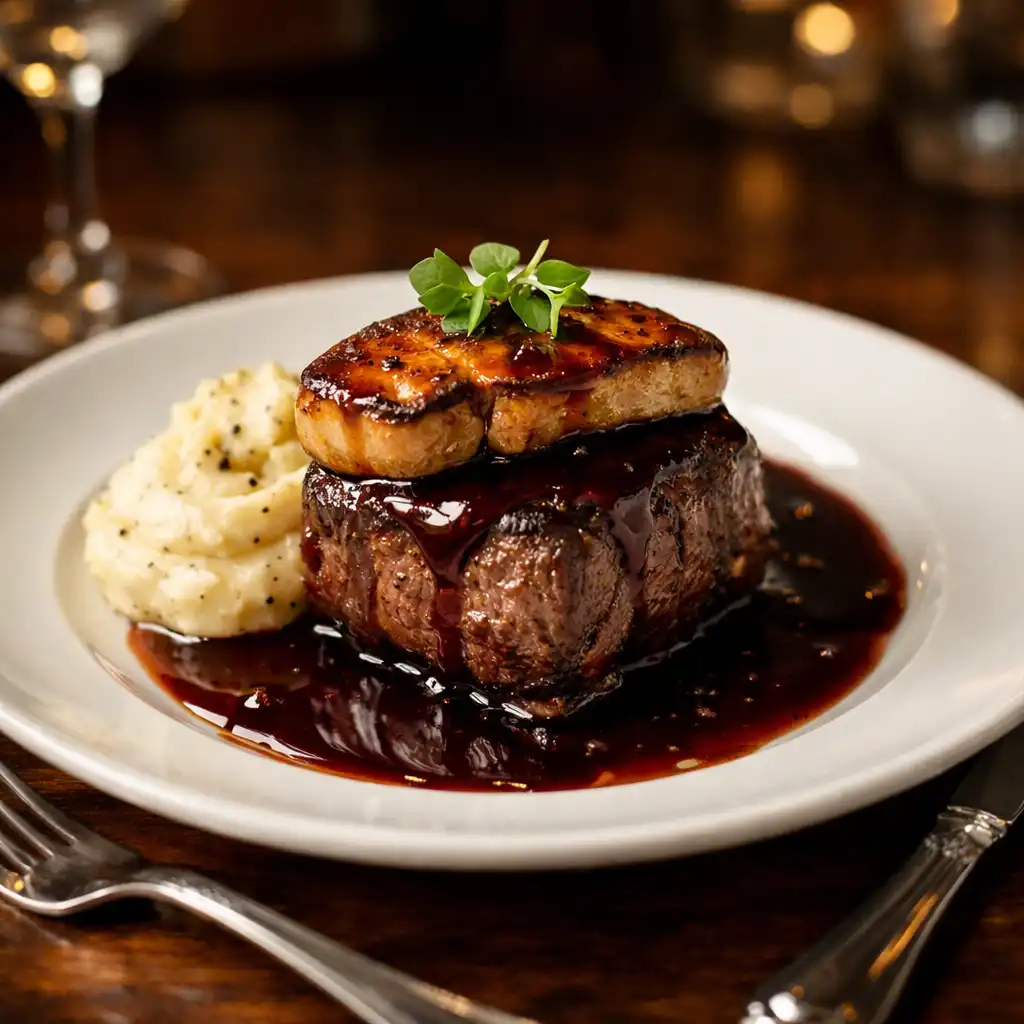 Filet de bœuf Rossini avec foie gras poêlé et sauce au vin rouge