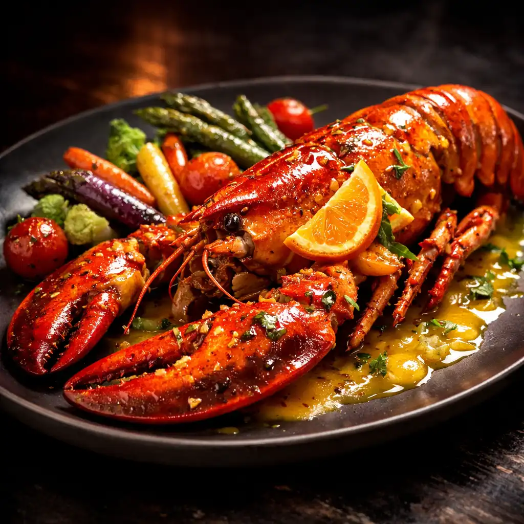 Homard rôti au beurre d'agrumes accompagné de légumes de saison